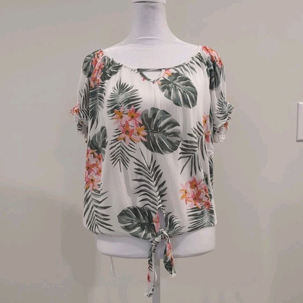 Moral Fiber Women's L Tropical Print Short Sleeve Tie Beach Resort